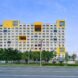a multi-story building with pops of blue and yellow