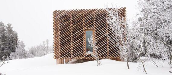 cabin clad in diagonal wood panels