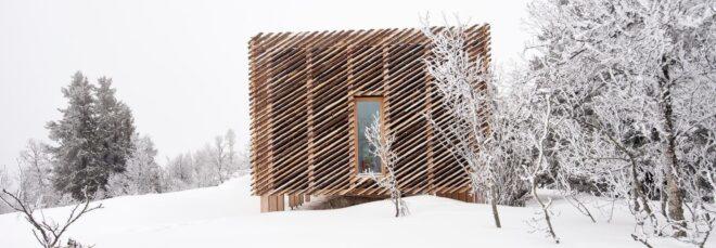 cabin clad in diagonal wood panels