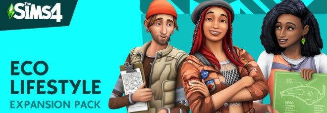 three Sim characters on a blue background next to text that reads "Eco Lifestyle Expansion Pack"