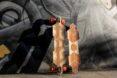 two wooden skateboards on black wall