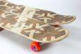 two wooden skateboards with orange wheels