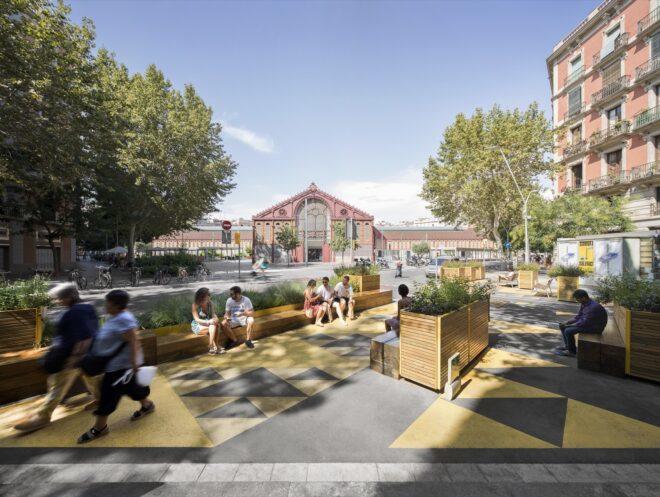 people sitting on benches in an urban park