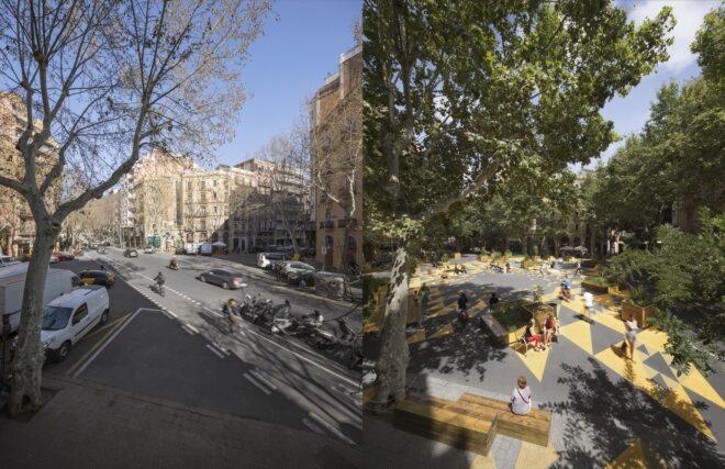Before and after image of a street turned into a colorful park