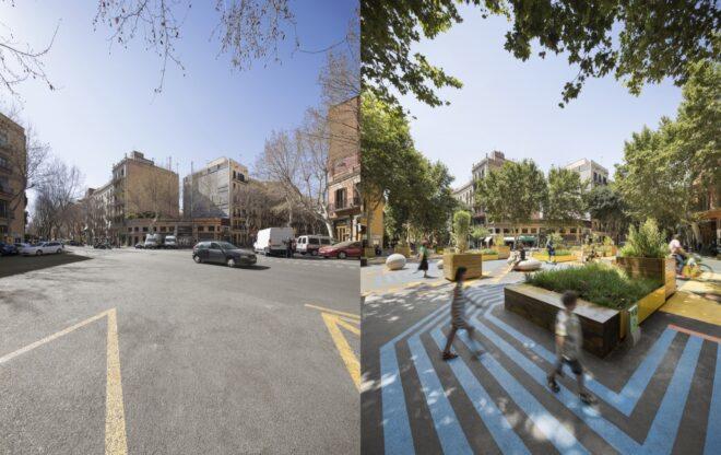 Before and after image of cars on a street that is then turned into a colorful public plaza