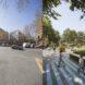 Before and after image of cars on a street that is then turned into a colorful public plaza