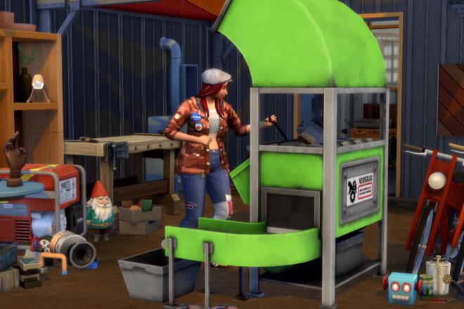 screenshot of The Sims, with a character standing next to a green machine