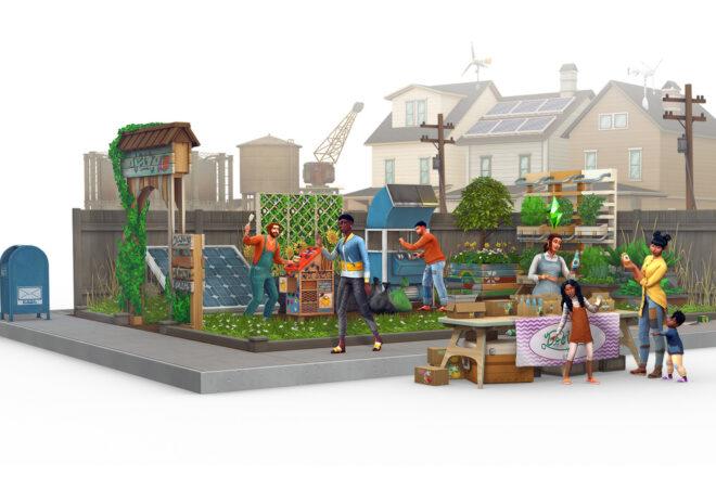 Sims-style artwork of a city block with Sim characters gardening and selling crafts