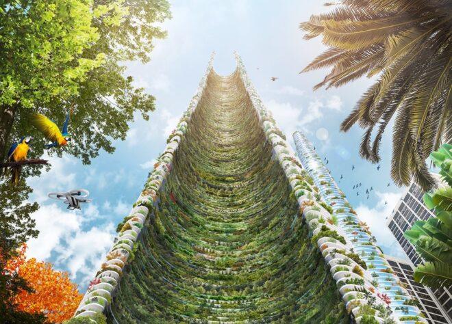 rendering of street view looking up to a vertical garden growing on a skyscraper