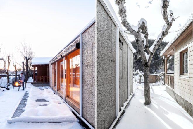 tiny cabin covered in snow