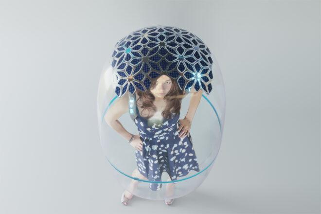 rendering of solar panels on a bubble-like shield