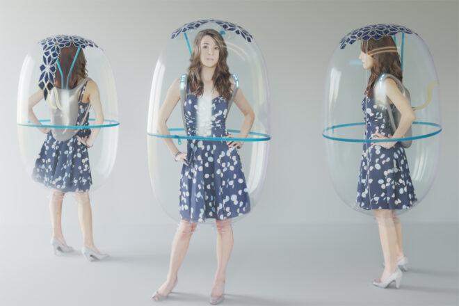rendering of different angles of a bubble-like shield shrouding a person