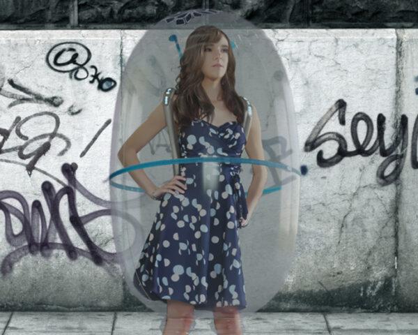 rendering of person wearing a bubble-like shield around their body in a public street