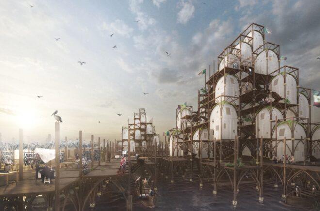 rendering of domes stacked on timber platforms to form skyscrapers