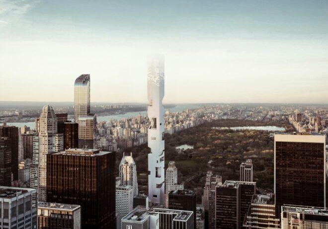 rendering of very narrow white skyscraper