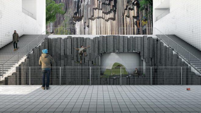 rendering of people climbing up a skyscraper