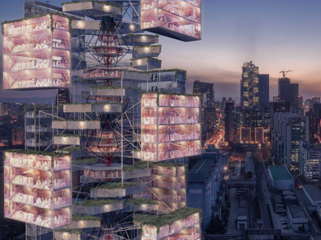 rendering of modular skyscraper with glass boxes