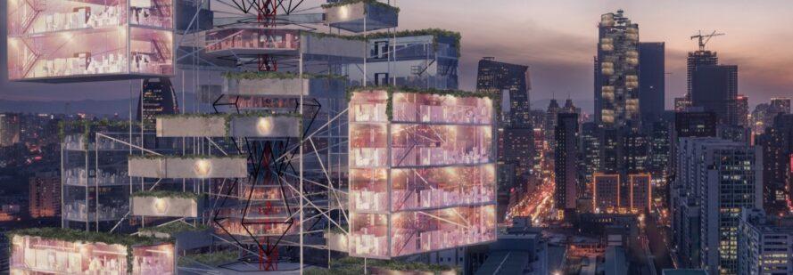 rendering of modular skyscraper with glass boxes