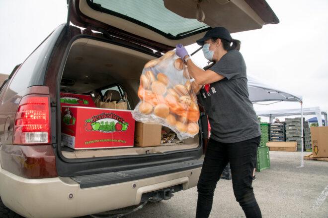 person in mask and gloves carrying bag of bread into boxes in a van