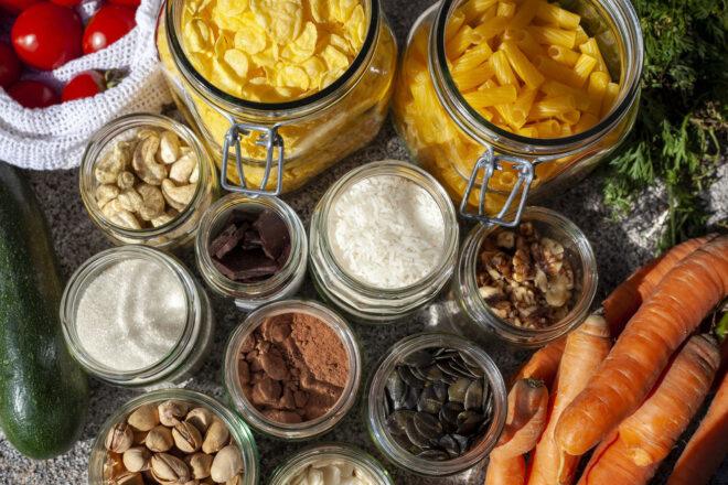 beans, spices, nuts and pastas in glass jars