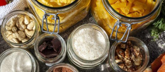 beans, spices, nuts and pastas in glass jars