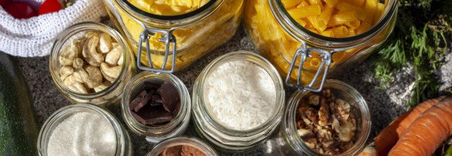 beans, spices, nuts and pastas in glass jars