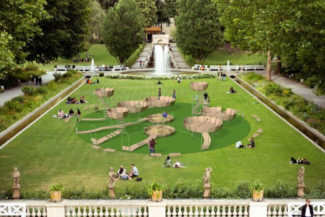 rendering of park with round wooden platforms making up a playground