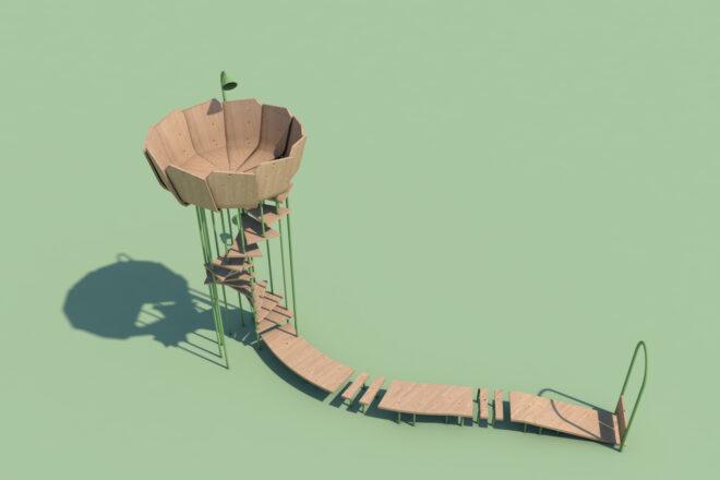 wood path leading to a ladder up to a small round wood platform