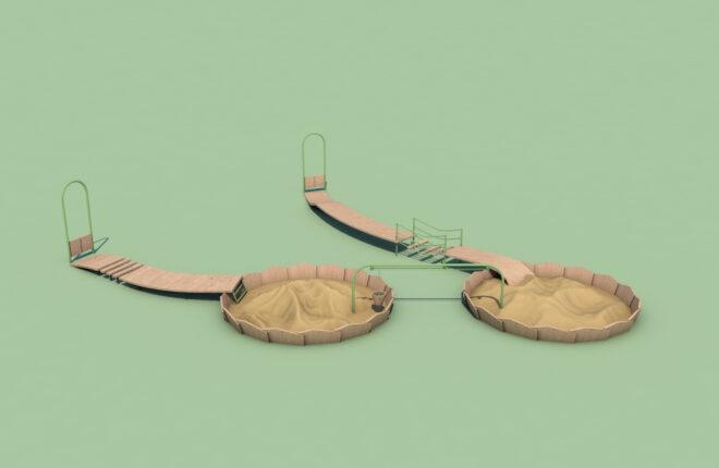two wood walkways leading to individual sand pits