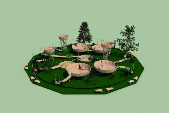 3D-model of kids playing on round wood platforms