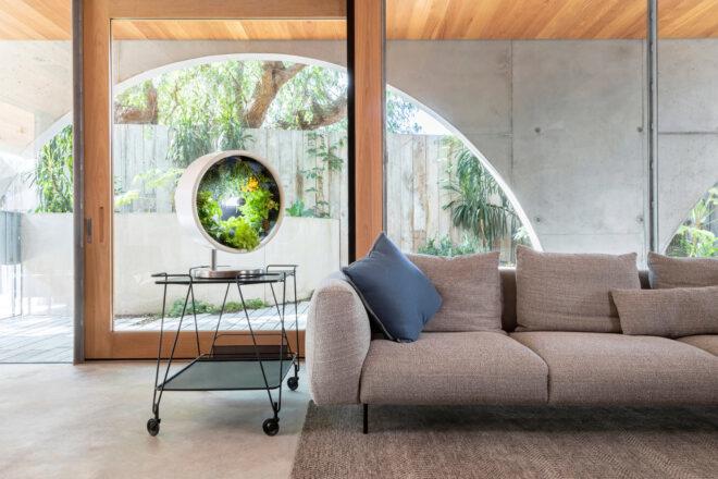 round indoor garden on an end table beside a gray sofa