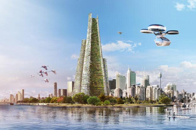 rendering of conical tower covered in greenery