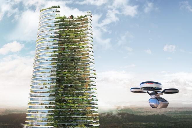 rendering of top of a glass tower with a vertical garden spanning the length of the building and a drone flying nearby