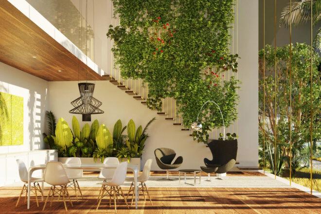 rendering of interior with large dining table and a green wall