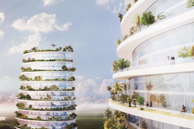 rendering of people on white balconies covered in plants