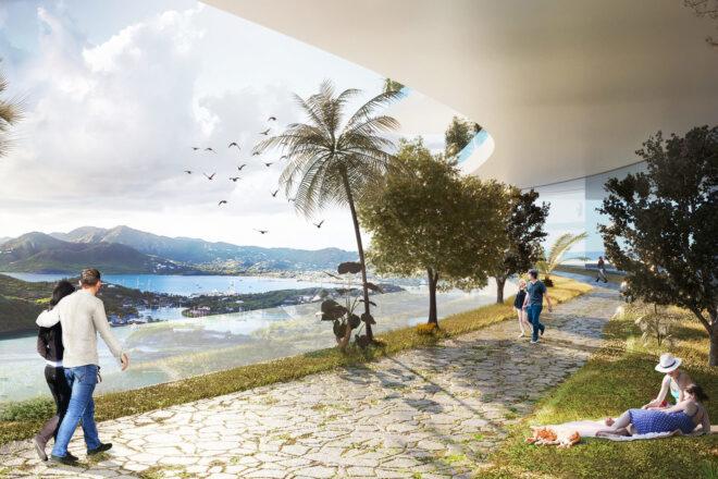 rendering of people walking along a path while taking in views of mountains