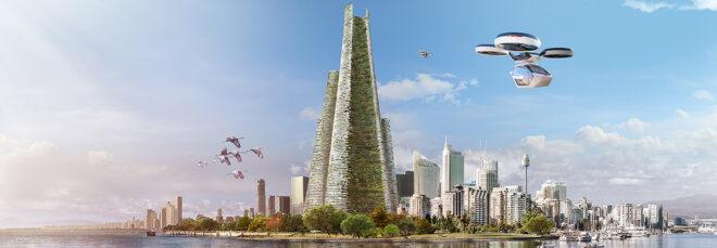 rendering of conical tower covered in greenery