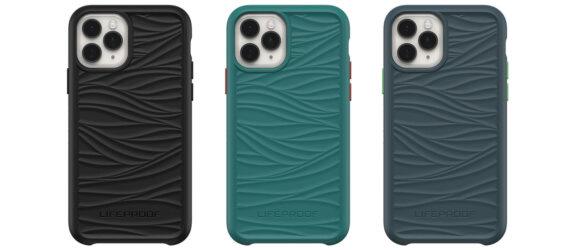 a series of three phone cases with wavy designs in black, teal and blue-grey