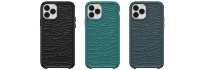 a series of three phone cases with wavy designs in black, teal and blue-grey