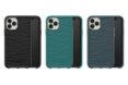 a series of three phone cases with wavy designs in black, teal and blue-grey, with a slide-out compartment showing