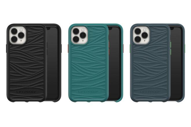 a series of three phone cases with wavy designs in black, teal and blue-grey, with a slide-out compartment showing