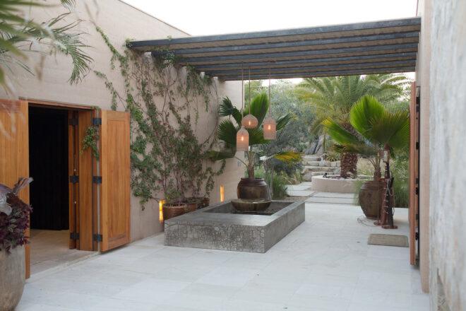 a patio area with green plants, hanging lights and an open door leading inside