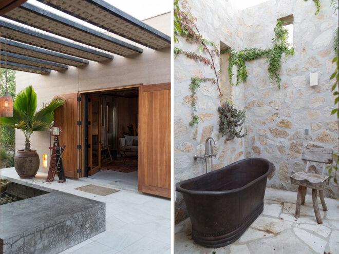two images: to the left, a patio area with a door leading inside. to the right, an outdoor bathtub with a chair next to it