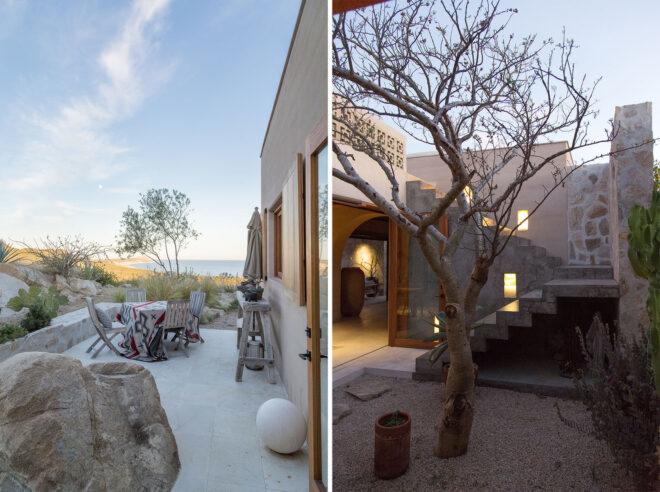 two images: to the left, an outdoor patio area with a table set with four chairs. to the left, a tree in front of an outdoor stone stairwell