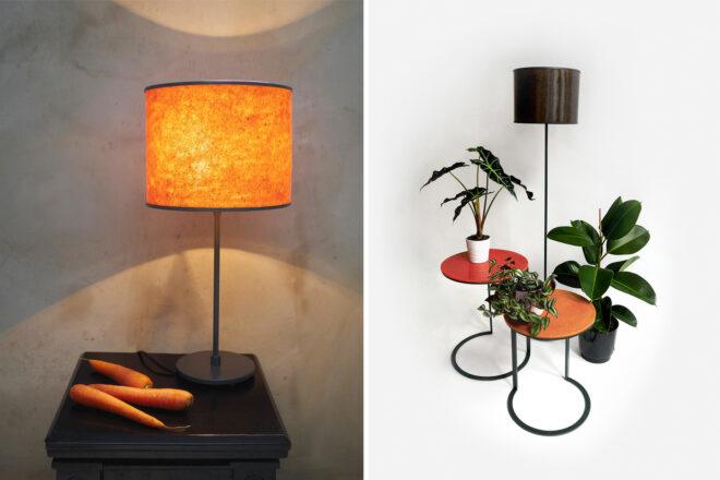 two images: to the left, a lamp with an orange lampshade on a table with several carrots laid out, hinting that the lampshade was made from carrots. to the right, a standing lamp with a dark brown lampshade, surrounded by two tables, one red and one orange, with rounded legs. potted plants sit on each table, and one potted plant is on the floor.
