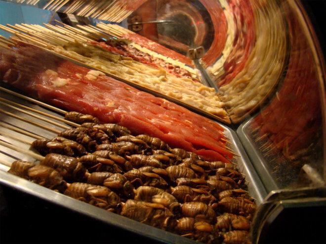 a food display with cicadas at the front and various other meats in the background