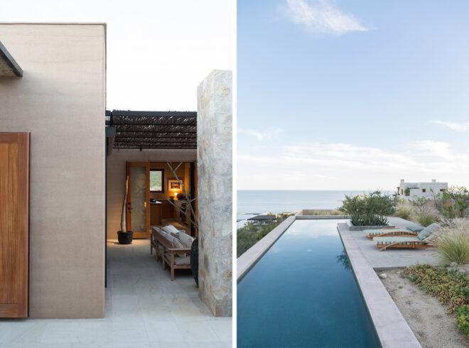 two images: to the left, an indoor-outdoor seating area. to the right, an outdoor pool overlooking the coast