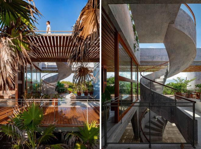 two images. to the left, a view of a person walking on the upper level of the villa. to the right, an image of the villa's spiral staircase.