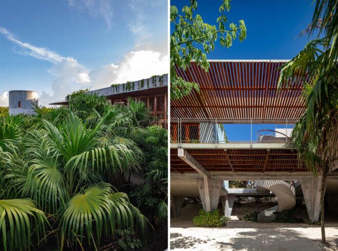 two images. to the left, a close-up of the greenery surrounding the villa. to the right, a picture of the outside of the villa, showing its multiple levels.