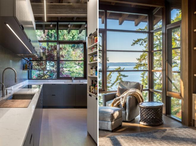 two images: to the left, a kitchen with windows and bright, white countertops. to the right, the corner of two window-covered walls with a chair in front of them.